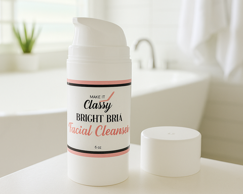 Facial cleanser bottle on a bathroom counter with a blurred background