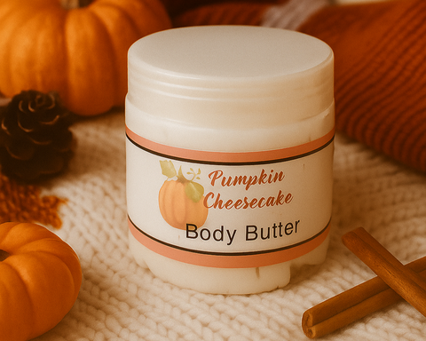 Jar of pumpkin cheesecake body butter with pumpkins and a candle in the background